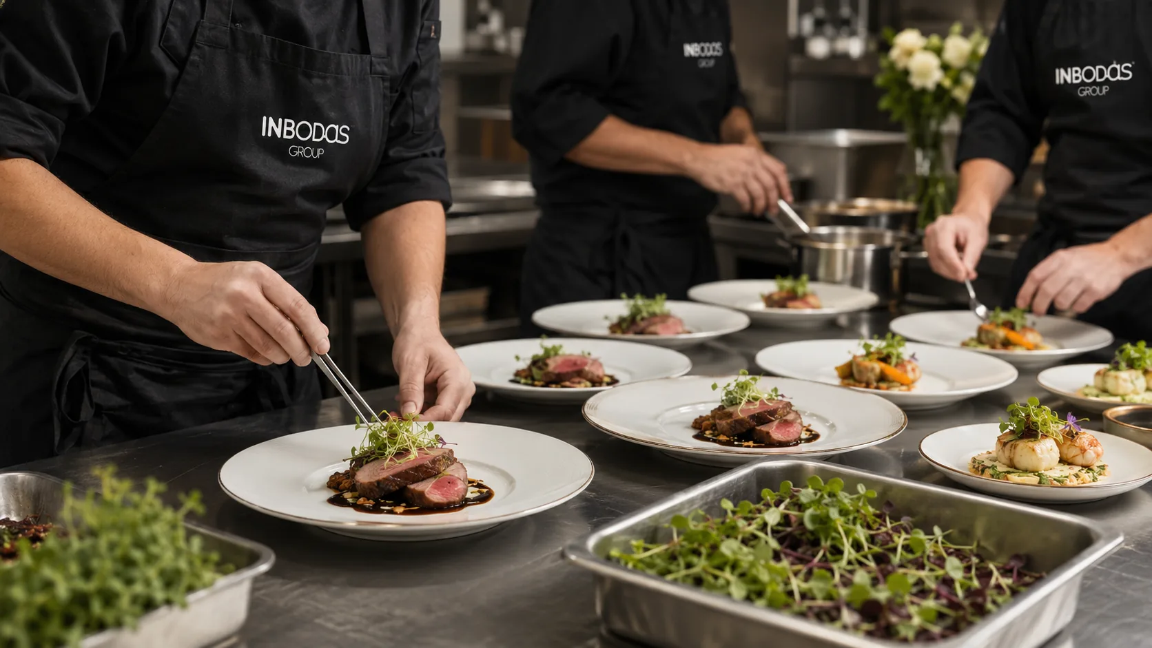 Equipo de cocina de InBodas emplatando durante un banquete