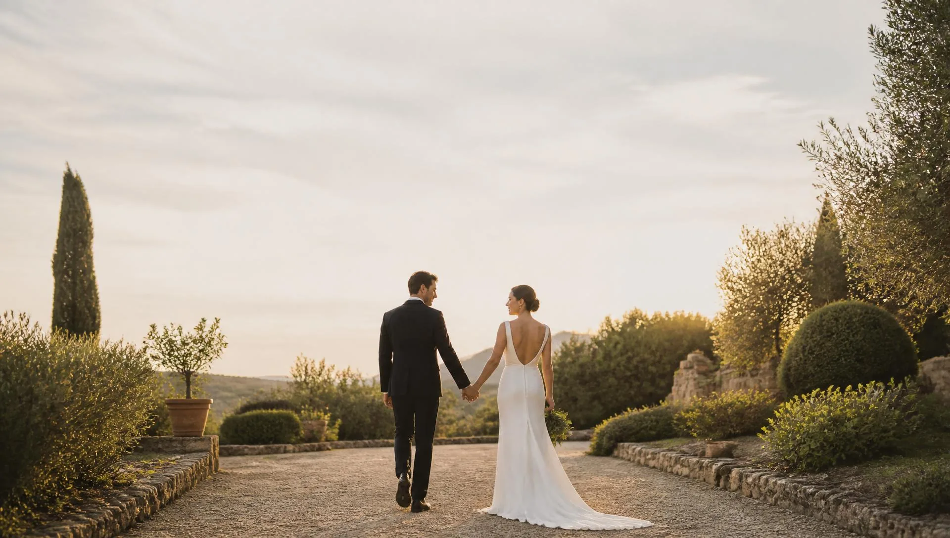 Novios paseando de la mano por un jardín al atardecer